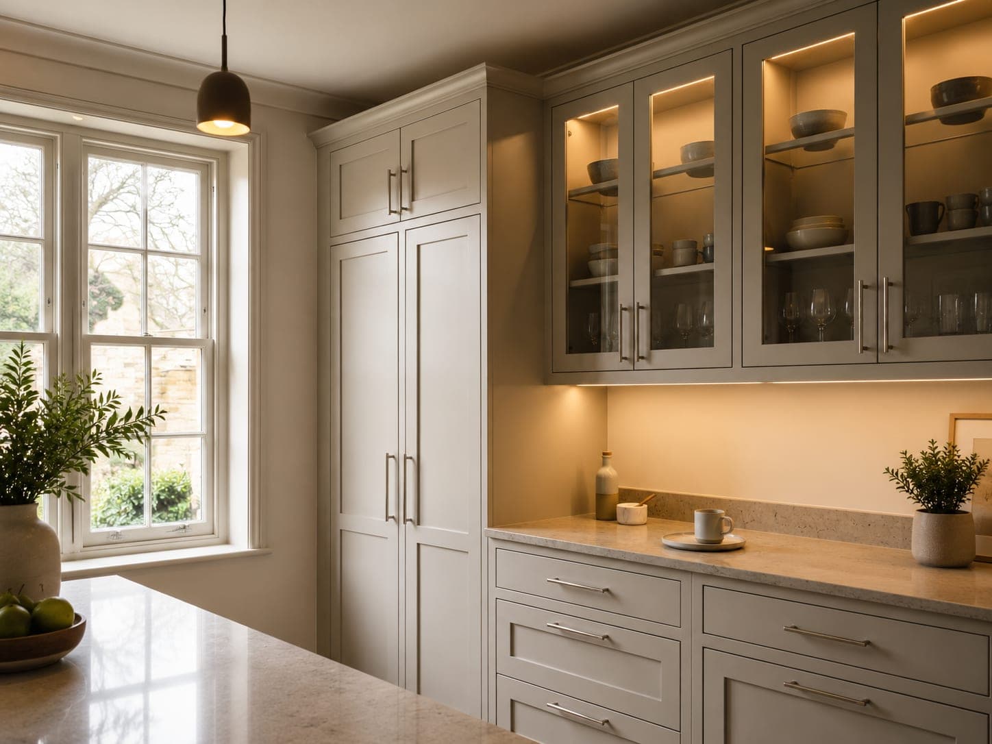 Soft sage shaker-style kitchen cabinetry with glass-front upper cabinets, integrated LED lighting and a stone countertop.